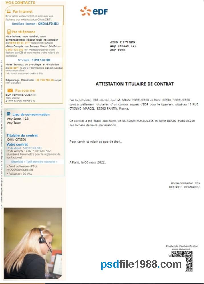 France EDF Attestation de Contrat